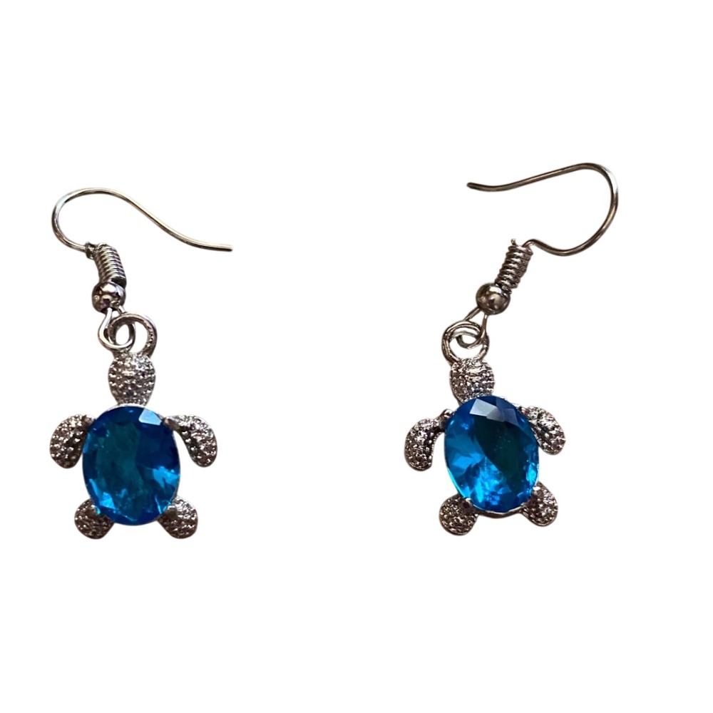 Blue Sea Turtle Drop Earrings Silver Tone Nautical Coastal Dangle